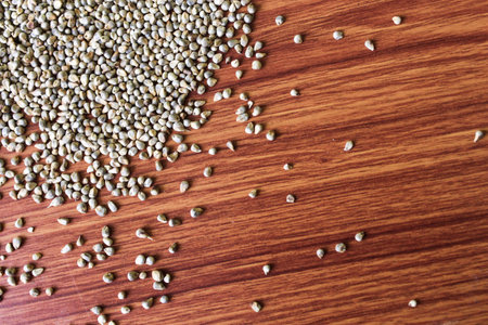 Organic Pearl Millet (Pennisetum glaucum) or Bajra, isolated on a brown wooden background. Selective focus with blurの写真素材