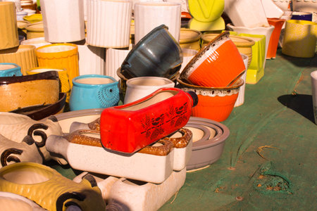Traditional Indian handmade Items of Earthenware Or Ceramic at a Vendor Stall,decorative Sculpture...