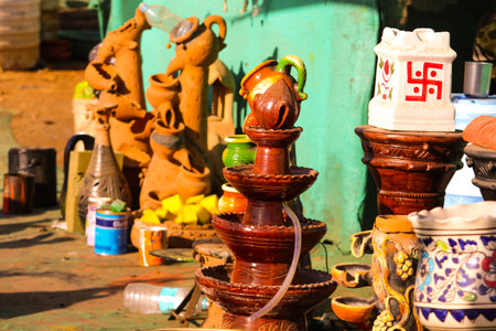 Traditional Indian handmade Items of Earthenware Or Ceramic at a Vendor Stall,decorative Sculpture...