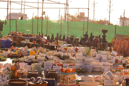 Traditional Indian handmade Items of Earthenware Or Ceramic at a Vendor Stall,decorative Sculpture...