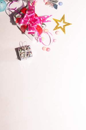 Christmas decoration on white background with copy space. Top view, flat lay.の写真素材