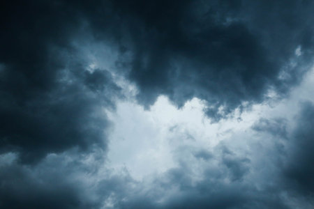 Cute Skyscape Of Sky With Heavy Rain Or Snow Clouds Backdrop, Thunderbolt Storm With Lightings - Photo Of Nature, selective focus with blurの写真素材