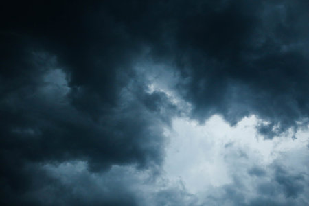 Cute Skyscape Of Sky With Heavy Rain Or Snow Clouds Backdrop, Thunderbolt Storm With Lightings - Photo Of Nature, selective focus with blurの写真素材