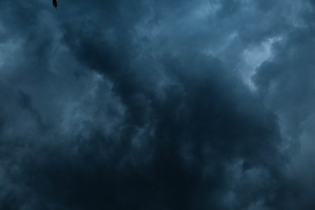 Cute Skyscape Of Sky With Heavy Rain Or Snow Clouds Backdrop, Thunderbolt Storm With Lightings - Photo Of Nature, selective focus with blurの写真素材
