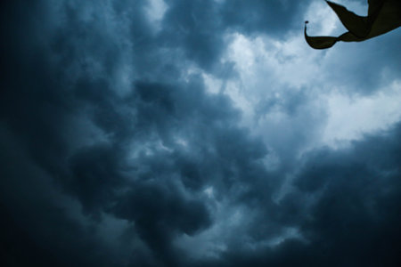 Cute Skyscape Of Sky With Heavy Rain Or Snow Clouds Backdrop, Thunderbolt Storm With Lightings - Photo Of Nature, selective focus with blurの写真素材
