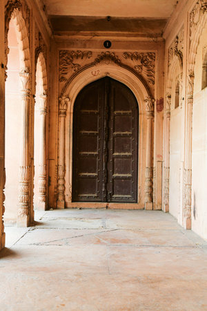 Old wooden door in Amber Fort, Jaipur, Rajasthan, Indiaの写真素材