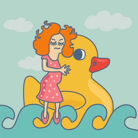 Cute girl with aCute girl with a rubber yellow duck rubber yellow duckのイラスト素材