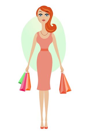 Happy shopping cartoon girl with shopping bagsのイラスト素材
