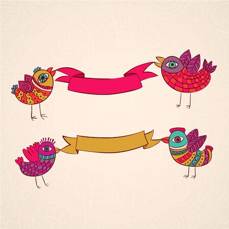 two birds ribbons banner design templateのイラスト素材