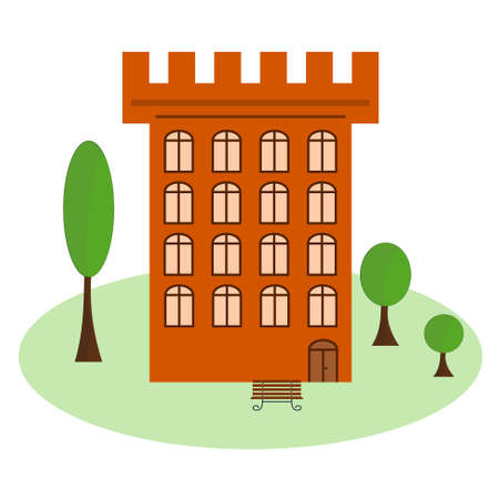 The orange house with a tower, a bench in front of the house, trees around the houseのイラスト素材
