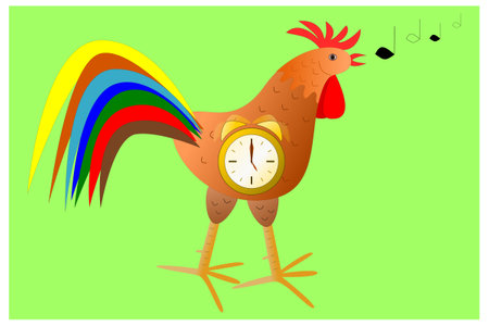 The rooster with a clock as a symbol of getting up in the morning on a green backgroundのイラスト素材