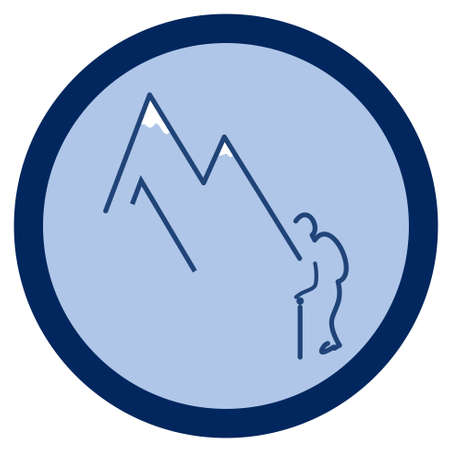 The symbol of tourist with a wand on snowy mountains, on a blue circular backgroundのイラスト素材