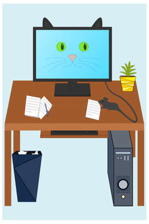 The computer mouse on a desk bites documents and a green-eyed cat looks at her on the monitorのイラスト素材
