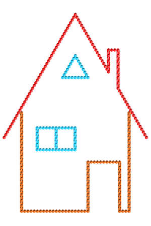 The outline of a house made of 3D cubes with windows and a red roof with a chimneyのイラスト素材