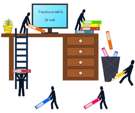 The symbolic representation of perpetuum mobile - work never ends. The mannequin throws the work tasks in the basket, but the other mannequins transport them back to the work table.のイラスト素材
