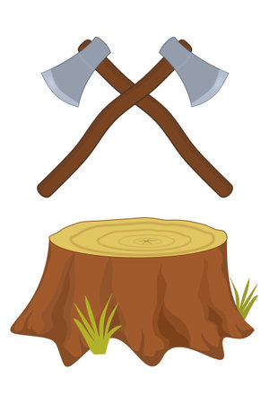 Two sharpened axes facing each other in the space above the stumpのイラスト素材