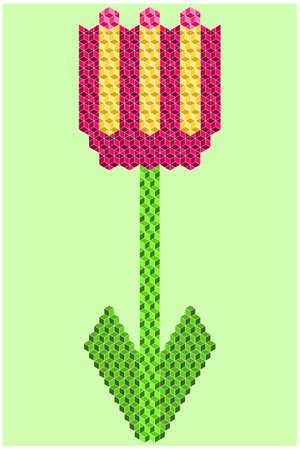 The abstract flower with two leaves and pink yellow flower made of 3D cubesのイラスト素材