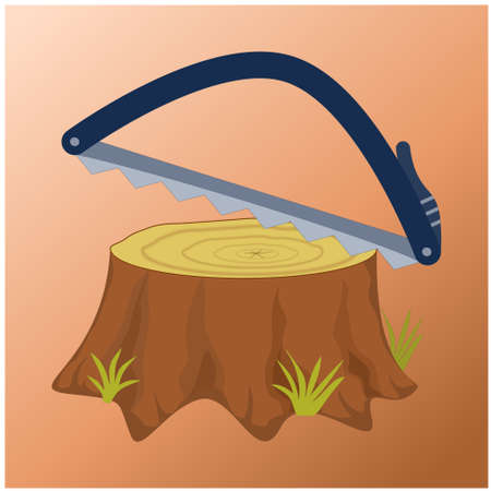 Arc hand saw with a dark blue frame above the stumpのイラスト素材