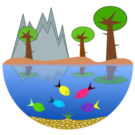 Abstraction of the island - at the bottom a semicircle of the sea with fish and at the top trees and mountainsのイラスト素材