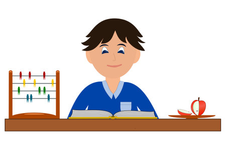A student is reading on his desk and has an abacus with swallows on his desk and an apple on his plateのイラスト素材