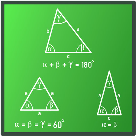 Graphic representation of the properties of interior angles in a triangle - general, equilateral and isoscelesのイラスト素材