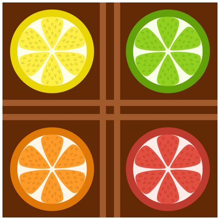 Four symbolic wheels on a brown background, lemon, lime, orange and grapefruitのイラスト素材