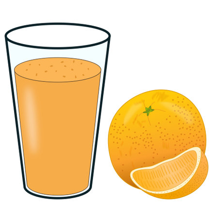 A glass of orange juice and next to it a whole orange and a slice of orangeのイラスト素材