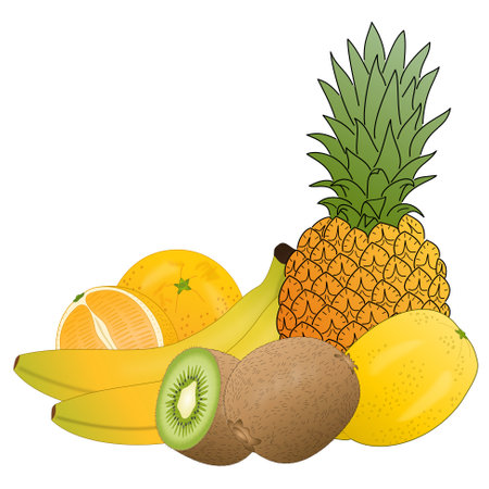 Exotic fruits - bananas, pineapple, oranges, lemon and kiwiのイラスト素材