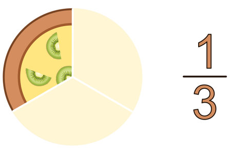 Fraction one third - picture of a third of a pie with kiwi and a numerical representation of the fractionのイラスト素材