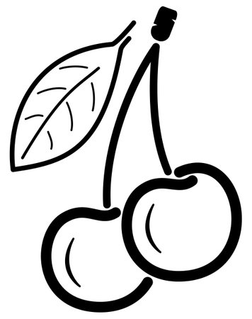 Icon of two cherries with stem and leaf - black outlineのイラスト素材