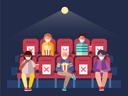 People Sitting in Cinema Wearing Face Masks While Practicing Social Distancing to Prevent the Spread of the Virus Flat Illustration.のイラスト素材