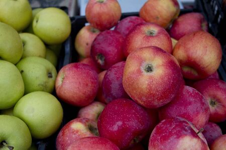 Apples. Red and green fresh organic bio apples on market in daylight. Fresh fruits. Pile of apples. Apple fruit backgroundの写真素材