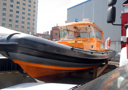 Rescue boat. Orange rescue or coast guard patrol boat.のeditorial素材
