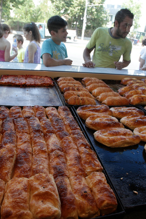 People in front of bakery waiting for buy fast food in Sofia, Bulgaria  sep 4, 2015. Fast food, pastry, bakeryのeditorial素材