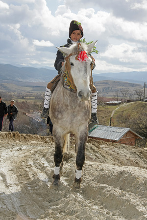 St. Todor s day. Race with horses and horses pull carts with heavy logs on Todorov day in Bachevo, Bulgaria  march 7, 2009. Parade with horses on the top of the mountain. Horses and their owners participate in old but abusive and painful  ritual on Todoのeditorial素材