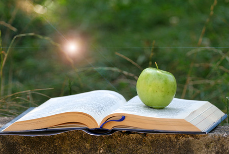 Fresh green apple on an open book outdoor in the grass. Time for school. Learn and healthy food...