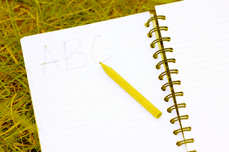 Back to school concept. Education and nature. A B C , school and 1 2 3 write on a notebook. Notebook and a pencil. Copy space for notes. Time for school and reading. Learning outside. Schoolbook and pen. Pencil and open manual.の写真素材
