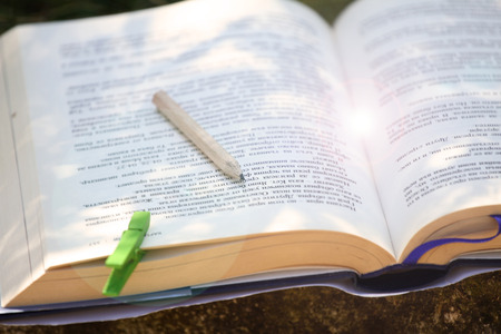 Back to school concept. Education and nature. Open book with pencil outdoor. Time for school and...