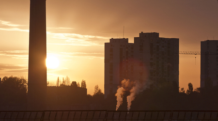 Thermal power plant on a sunrise.の写真素材