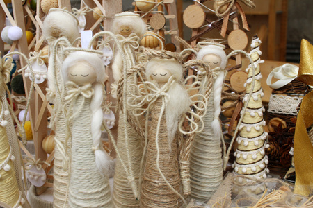 Christmas holiday angel toys. Christmas decoration wallpaper. Snow angelsの写真素材