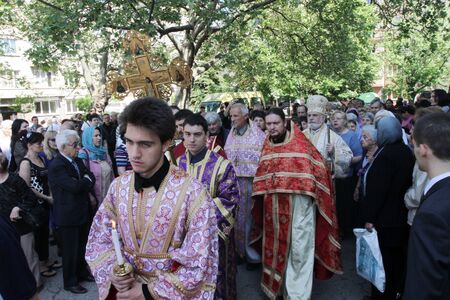 A bishops leading procession around an Eastern Orthodox church St. Georgi in Sofia, Bulgaria on may...