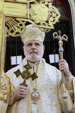 A bishops leading procession around an Eastern Orthodox church St. Georgi in Sofia, Bulgaria on may...