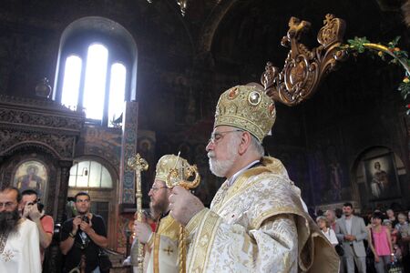 A bishops performing liturgy in an Eastern Orthodox church St. Sedmochislenitsi in Sofia, Bulgaria...