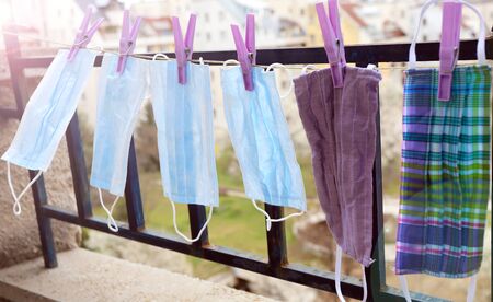 Washed face masks are dried out. Prevention from Covid-19 or coronavirus.