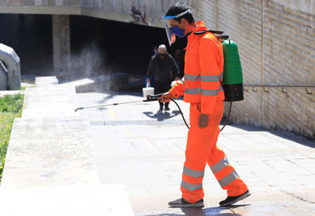 Disinfection, spraying and decontamination on a public place as a prevention against Coronavirus disease 2019, COVID-19 in Sofia, Bulgaria on 04/16/2020のeditorial素材