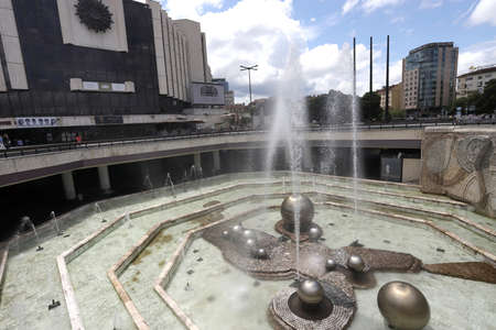 National palace of culture ( NDK ) with fountains in front , with blue sky and clouds, in Sofia, Bulgaria on june 22, 2020のeditorial素材