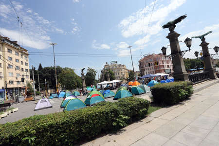 The 31st day of the protest against the government and the chief prosecutor set up barricades on Orlov most (Eagle Bridge) in Sofia, Bulgaria on 08/08/2020. The blockade pass ambulances through it.のeditorial素材