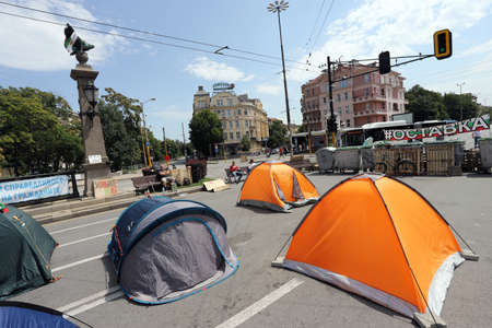 The 31st day of the protest against the government and the chief prosecutor set up barricades on Orlov most (Eagle Bridge) in Sofia, Bulgaria on 08/08/2020. The blockade pass ambulances through it.のeditorial素材