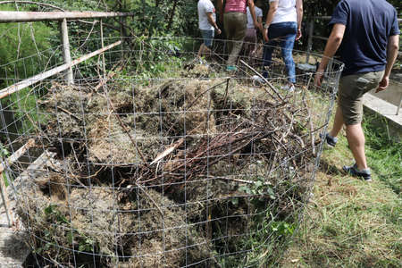 Organic composter. People are making bio composter bin in a yard.