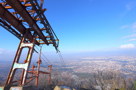 The remains of the Knyazhevski lift and the telecommunication tower Kopitoto in Vitosha Mountain above Sofia, Bulgaria on Nov 22, 2020. It was built in 1962 and is the first gondola lift in Bulgaria.のeditorial素材